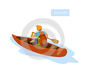 Man paddling a canoe, traveling with backpack isolated