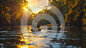 A man is paddling a kayak in a river with the sun setting in the background