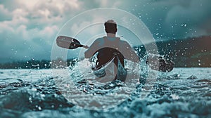 Man Paddling Kayak Through Water