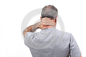 Man with pain on nape on white background