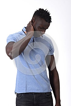 Man with pain on nape on white background