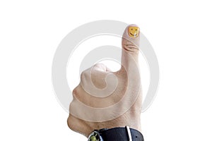 man with painted nails. Design of male nails. men manicure isolated on a white background. thumbs up gesture on a white background