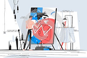 Man painter standing at easel and creating picture