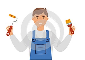 A man painter in a working uniform holds a roller for painting walls and a brush in his hands. Home renovation concept.