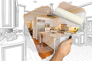 Before and After of Man Painting Roller to Reveal Newly Remodeled Kitchen Under Pencil Drawing Plans