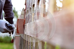 Man is painting wooden fence with brown paint outside