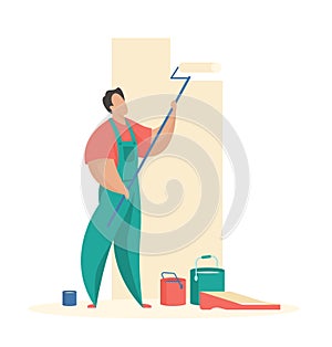 Man paints wall with roller. Professional painting of interior apartment and premises