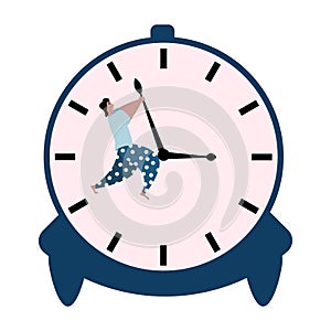 A man in pajamas is trying to stop time. The guy is holding the clock hand on the alarm clock. Illustration of the transience of