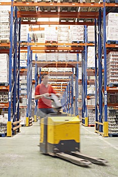 Man With Pallet Jack Through Warehouse