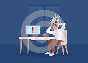 Man with panic attack at computer flat color vector illustration