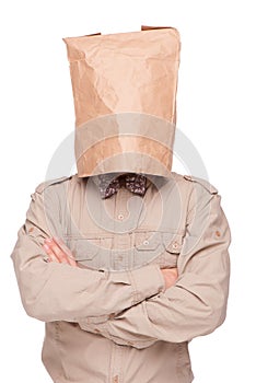 Man with paper packet on head