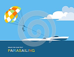 Man para sailing with parachute behind the motor boat