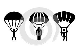 Man on parachute sports. Skydiving flat icon. Sign of parachutist jumper, sky diving logo. Extreme activity illustration