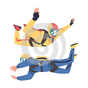 Man Parachutist Skydiving and Free-falling in the Air Descenting on the Earth Vector Set