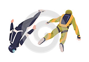 Man Parachutist Skydiving and Free-falling in the Air Descenting on the Earth Vector Set