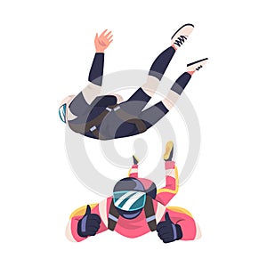 Man Parachutist Skydiving and Free-falling in the Air Descenting on the Earth Vector Set