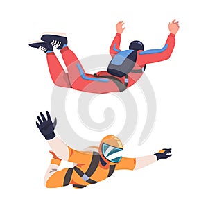 Man Parachutist Skydiving and Free-falling in the Air Descenting on the Earth Vector Set