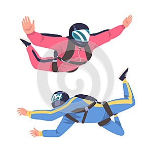 Man Parachutist Skydiving and Free-falling in the Air Descenting on the Earth Vector Set