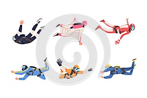 Man Parachutist Skydiving and Free-falling in the Air Descenting on the Earth Vector Set