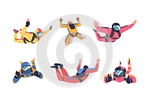 Man Parachutist Skydiving and Free-falling in the Air Descenting on the Earth Vector Set