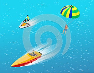 Man parasailing with parachute behind the motor boat. Creative vacation concept. Water Sports. Parachute sailing, Fun in