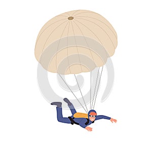 Man paratrooper cartoon character using parachute free flying in sky enjoying skydiving hobby