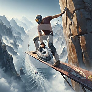 A man participating in competitive extreme ironing on a cliff