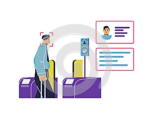 Man passes through turnstile with face recognition flat style