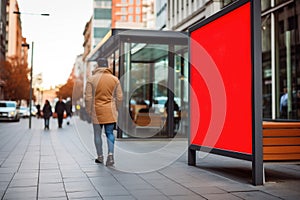 Man passing by blank advertising space at bus stop