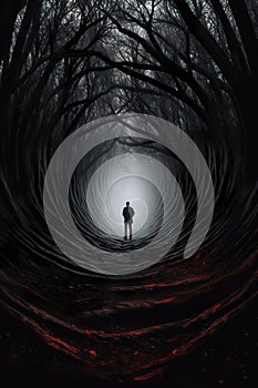 Man passing through a portal in a haunted mountain forest.