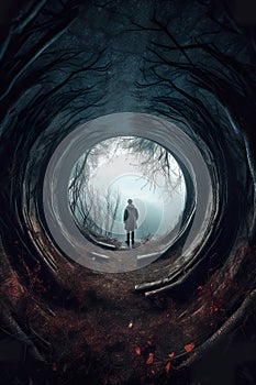 Man passing through a portal in a haunted mountain forest.