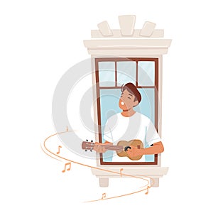 Man Passionately Strums His Guitar In Window, Bathed In Warm Light. His Music Resonates With Emotion Vector Illustration