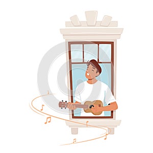 Man Passionately Strums His Guitar In Window, Bathed In Warm Light. His Music Resonates With Emotion Vector Illustration photo