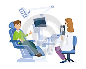 Man patient in a chair in a dental clinic with a dentist. Cartoon vector icon