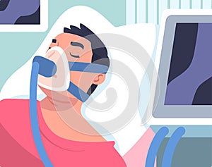 Man Patient in Hospital Having Artificial Lung Ventilation Being in Critical Condition Lying on Bed with Mask Vector