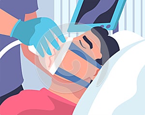 Man Patient in Hospital Having Artificial Lung Ventilation Being in Critical Condition Lying on Bed with Mask Vector