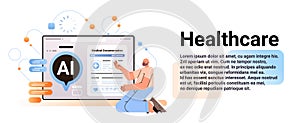 man patient reading electronic medical documentation report on digital screen medicine ai healthcare concept