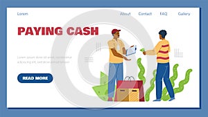 Man paying cash for order delivery, landing page template - flat vector illustration.