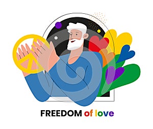 Man with a peace symbol and LGBT colored hearts. Flat vector Pride month illustrations of free love and peace