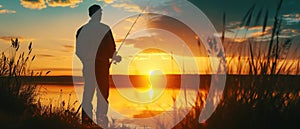 Man Peacefully Fishing As The Sun Sets, Basking In His Hobby