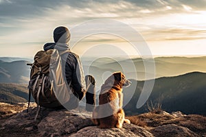 A man peacefully sits on top of a mountain next to a loyal dog, Teenaganer man with backpack and dog sitting at summit of mountain