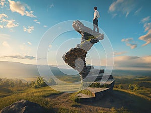 Man on the Peak of a Surreal Spiral Rock Staircase