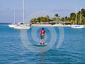 Man on peddle boat in tropics