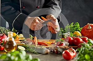 Man peeling carrot over wooden cutting board