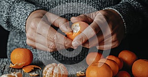 man peeling a tangerine, banner format