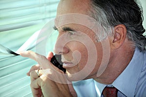 Man peering through some blinds photo