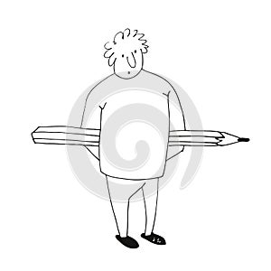 Man with the pencil, a funny character, hand drawn vector illustration