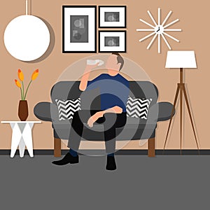 Man people drinking water from bottle sitting chair sofa living room interior