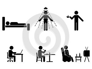 Man people every day action. Posture stick figure. Sleeping, eating, working, icon symbol sign pictogram.