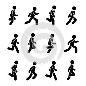 Man people various running position. Posture stick figure.